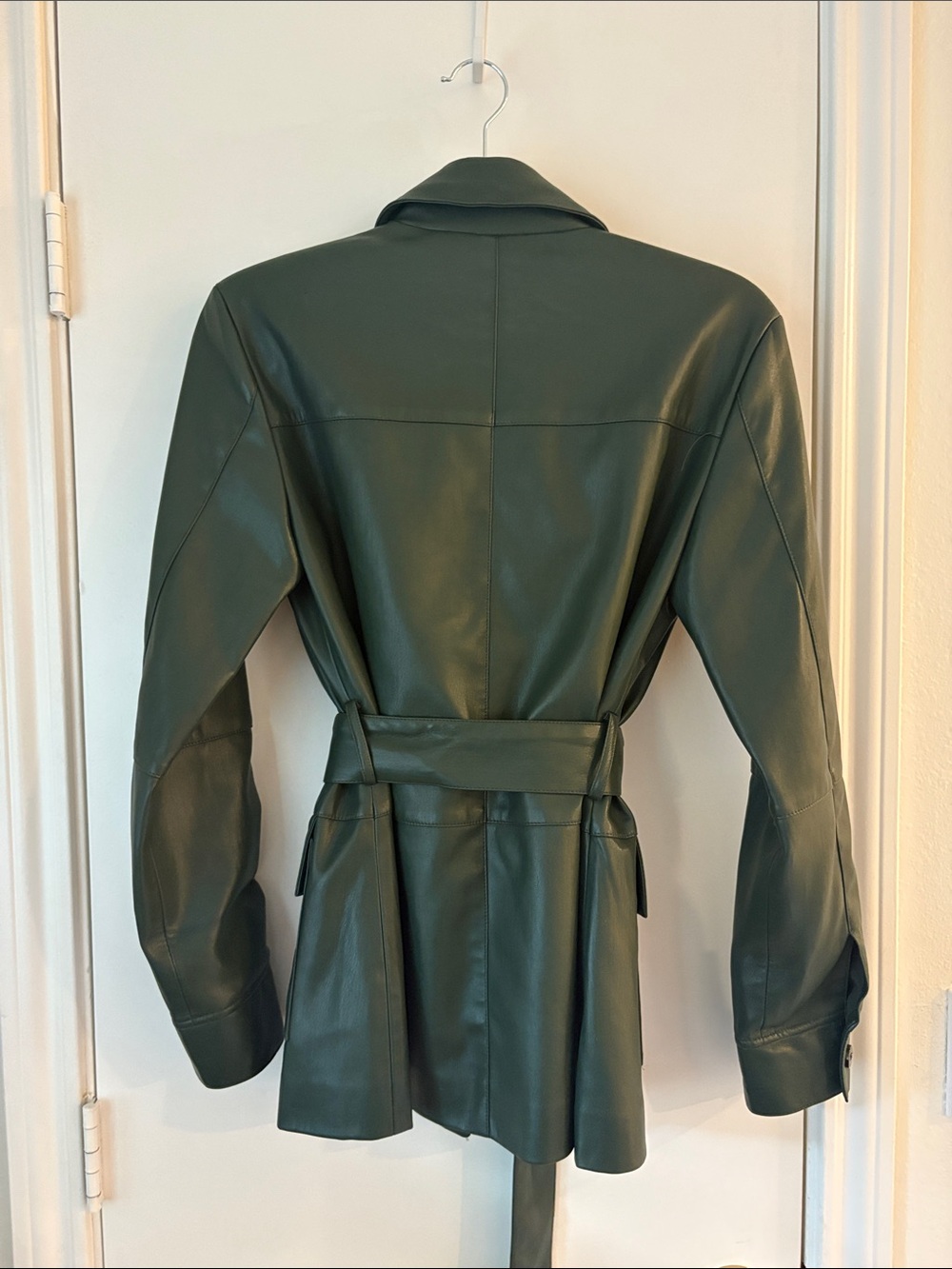 Ellie Tahari Women's Dark Green Leather Belted Jacket - Picture 2 of 4